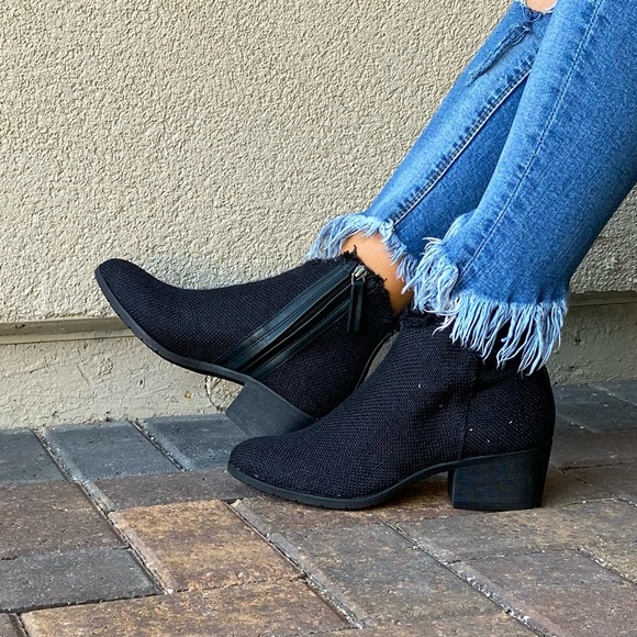 Black Frayed Fabric Ankle Western Heel Booties - Picture 12 of 14